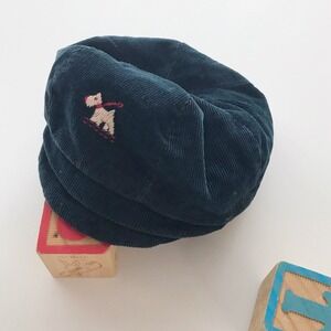Vintage 50s Newsboy Cap Dark Blue Corduroy Embroidered Dog Kids Flat Hat